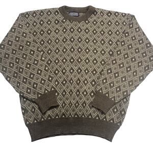 Vintage 90s Men’s Patterned Knitted Jumper Sweater L Men's Brown Grandpa